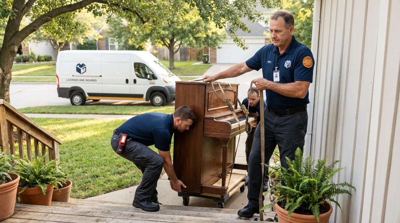 Licensed piano movers securing grand piano in Greenland, NH