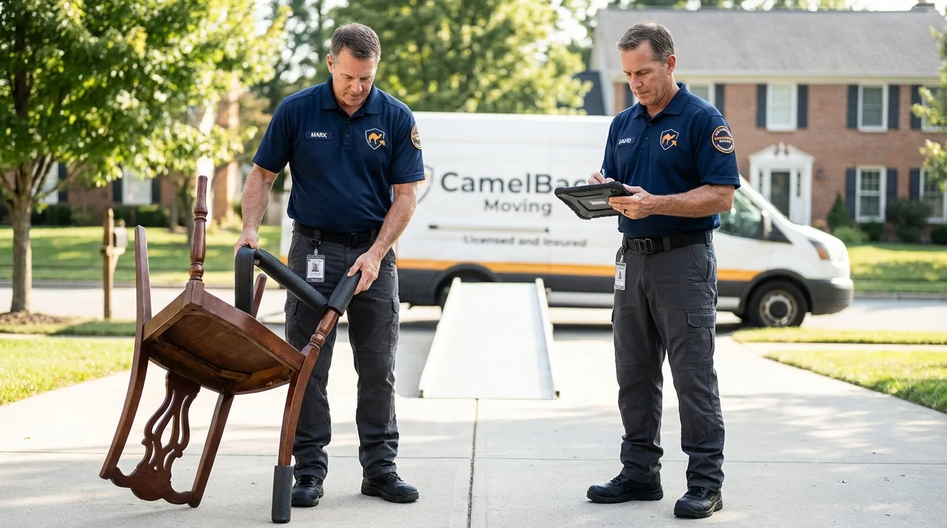 Movers inspecting furniture for damage prevention before loading in Greenland, NH