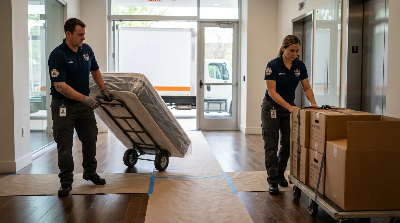 Professional apartment movers loading elevator in Greenland, NH