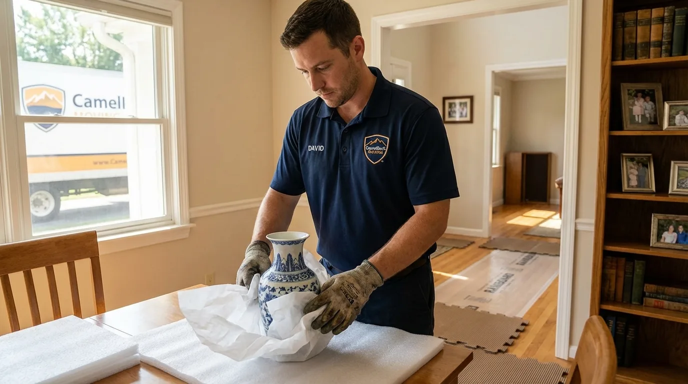 Professional crew carefully wrapping antique vase for senior downsizing move in Greenland, NH